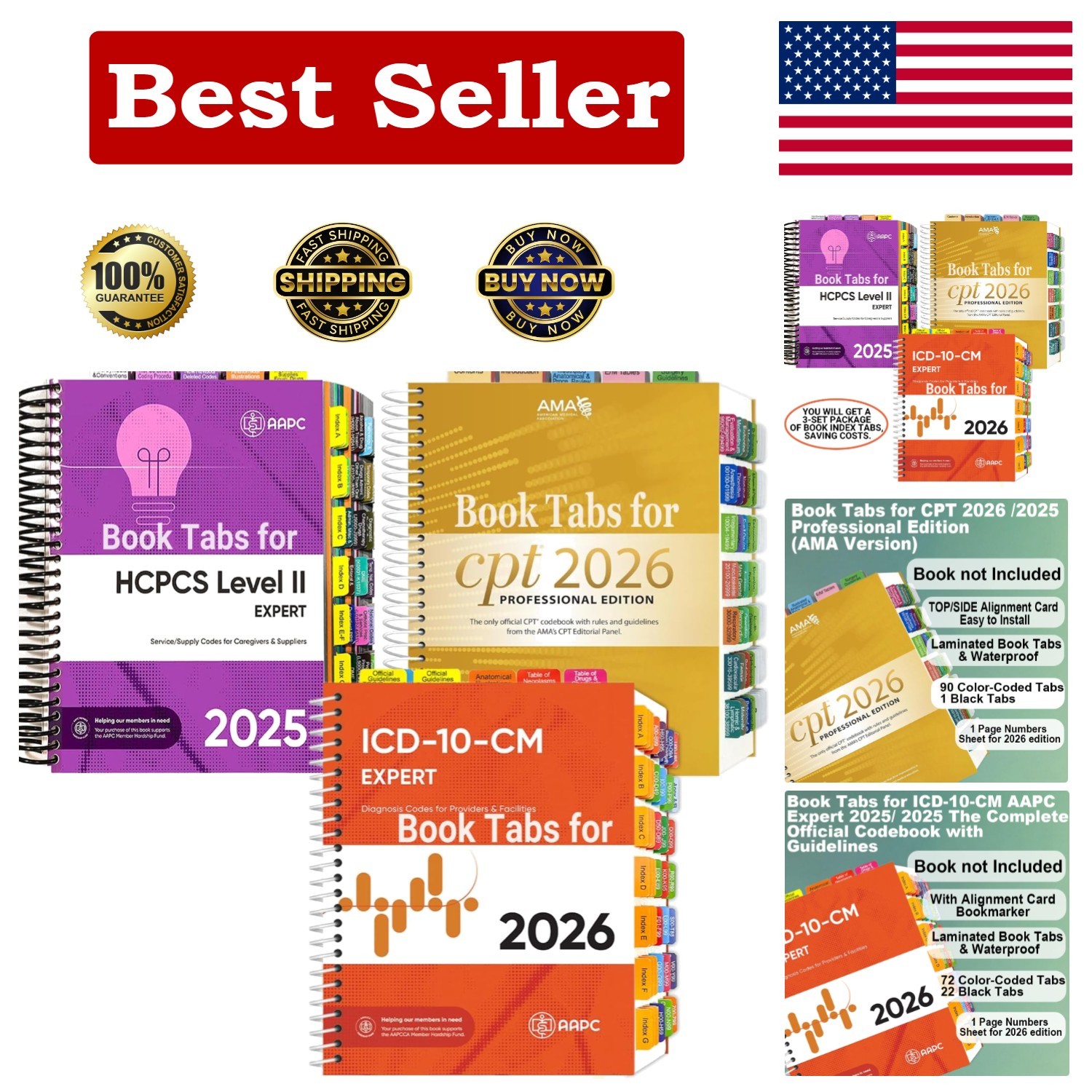 Index Tabs for AMA CPT Book, ICD-10 Code, HCPCS Level II, 3-Set Bundle 2026/2025